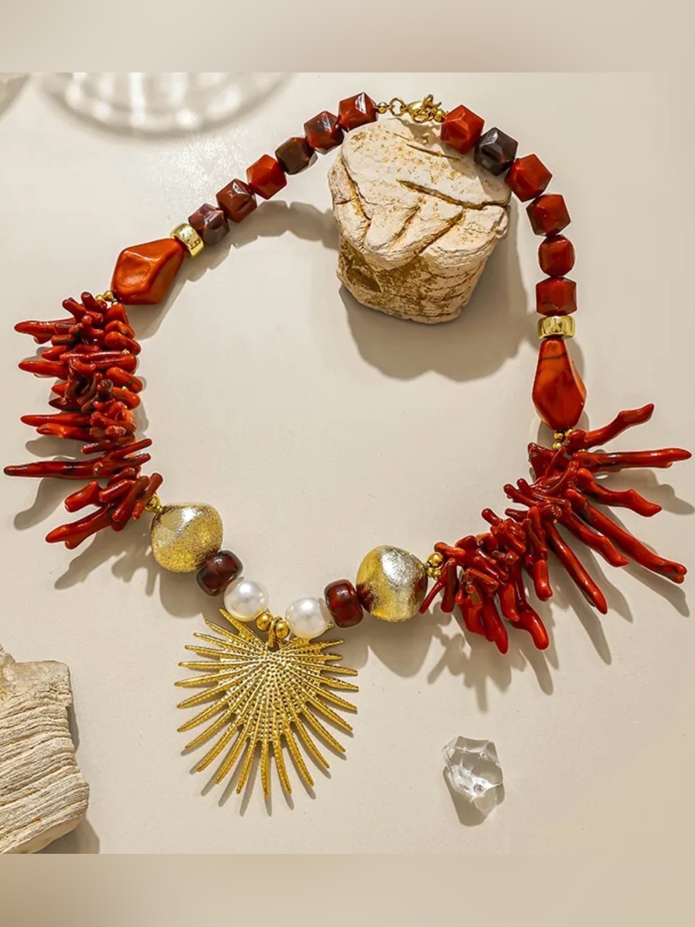Red Coral Statement Necklace with Gold Sunburst Pendant and Pearls Chunky